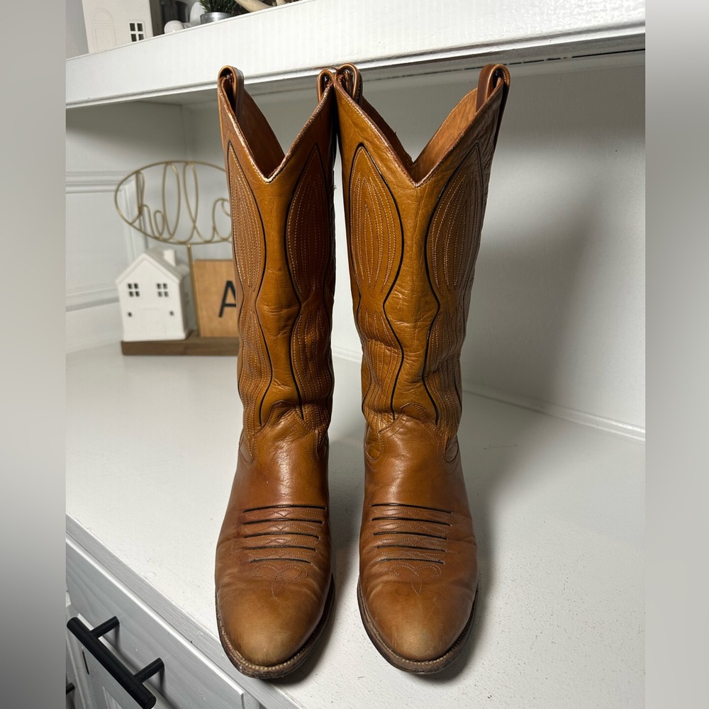 Vintage Dan Post Women’s 7.5C Tan Cowboy Boot Classic Western Leather Made Spain - Picture 2 of 8